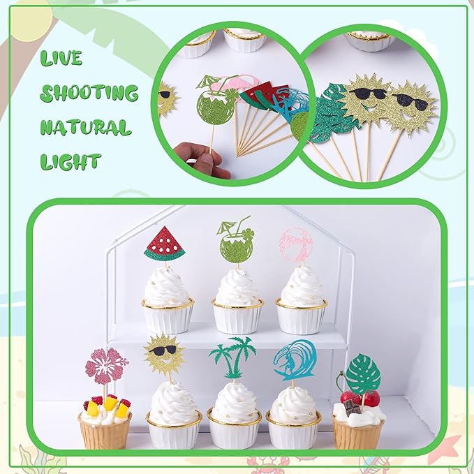 24 Pack Summer Beach Cupcake Toppers Sun Umbrella Ball Watermelon Water Gun Slippers Cupcake Picks Hawaiian Pool Theme Baby Shower Birthday Party Cupcake Decoration Supplies