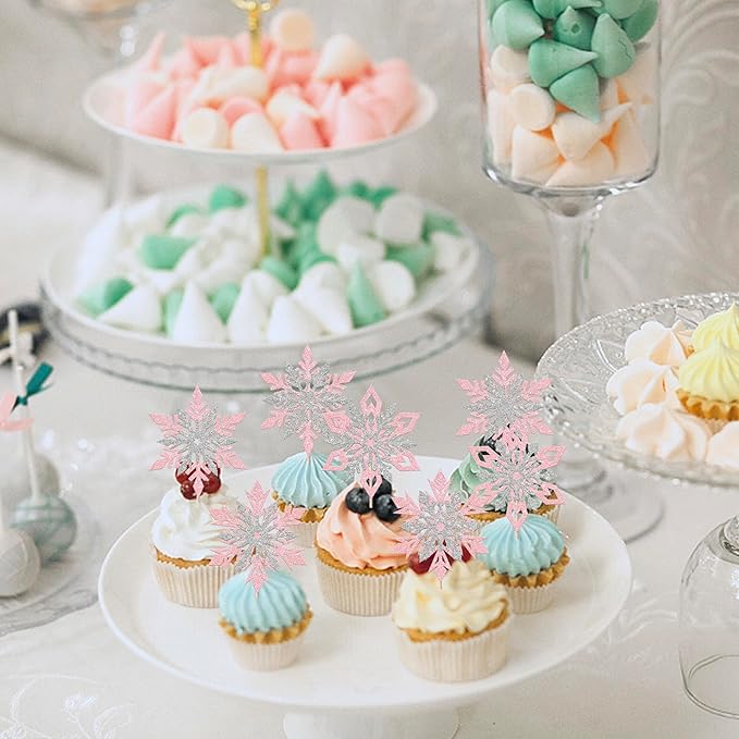 Rsstarxi 24 Pack Pink Snowflake Cupcake Toppers Double Layered Silver Snowflake Cupcake Picks Decoration for Winter Frozen Theme Baby Shower Wedding Birthday Christmas Party Cake Decorations
