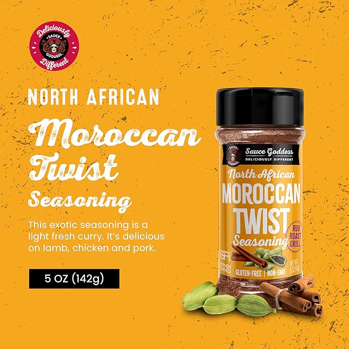 Sauce Goddess - Moroccan Twist Spice Shaker - Exotic Blend with Cardamom & Cinnamon, No Sugar, Gluten-Free, Low Sodium, Vegan - 5oz