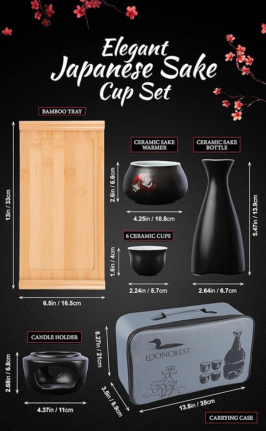 Japanese Sake Cup Set with 6 Ceramic Cups, 1 Ceramic Sake Bottle, 1 Ceramic Sake Warmer, Bamboo Tray, and Cloth Carrying Case - Perfect Hot Sake Set for Authentic Japanese Experience