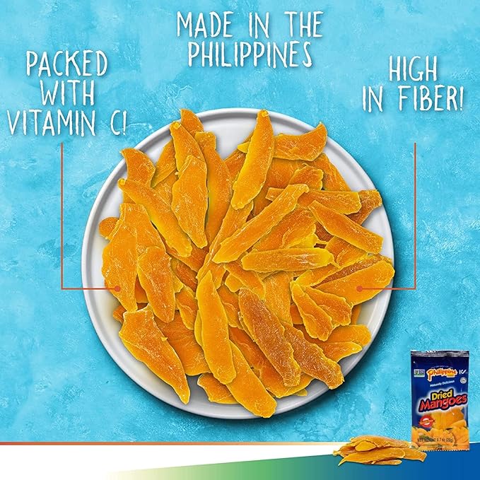 Philippine Brand Dried Mangoes Fruit Snacks (24 Pack)- All Naturally Gluten Free, Vegan, Hand-Selected Delicious Fresh Mangos from Philippines, Grab and Go Perfect for Office & School Food