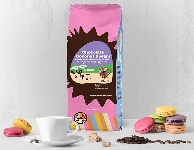 Crazy Cups Decaf Flavored Chocolate Ground Coffee, Decaffeinated Chocolate Coconut Dream Coffee in 10 oz Bag, For Brewing Hot or Iced