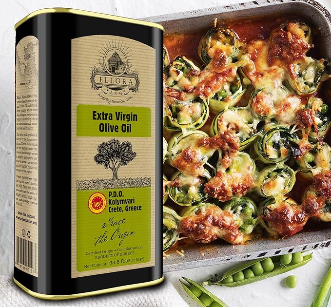 Ellora Farms, Greek Extra Virgin Olive oil, Certified Single Estate PDO, Traceable olive oil, Harvested in Crete, Kosher ek, 1 Lt. X 3 Tins, total 101.4 FL oz.