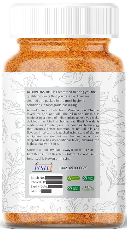 AYURVEDASHREE Pav Bhaji Masala 100gm PET Jar- Premium Quality | All Natural | Healthy | Non GMO | Indian Spices