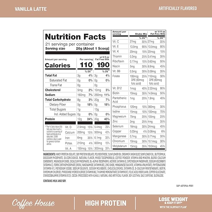SlimFast High Protein Meal Replacement Powder, Caffeine Protein Powder, Energizing Protein Mix, Vitamin and Mineral Blend, Gluten Free, Coffee Flavored Protein Powder, Vanilla Latte, 21 Servings