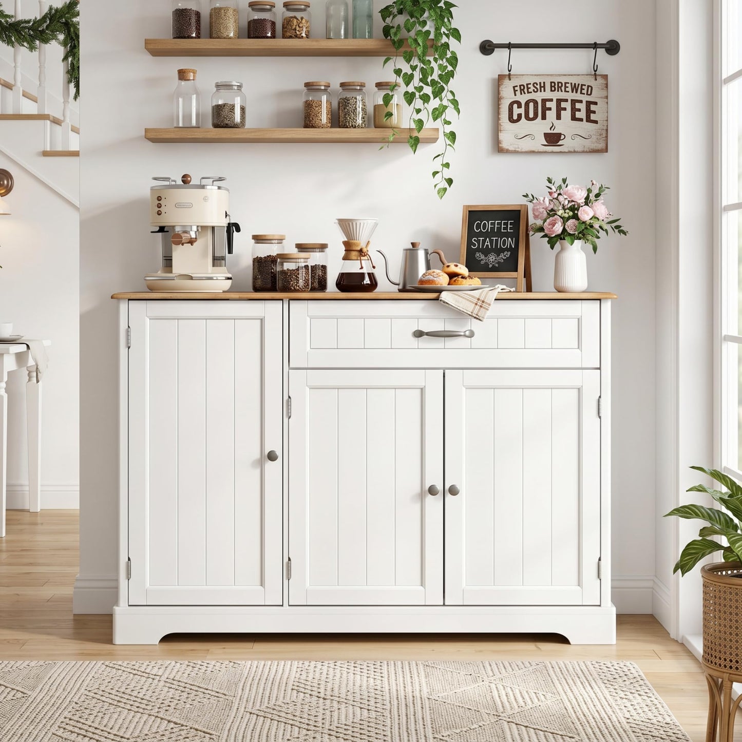 Gizoon Kitchen Coffee Bar Cabinet with Storage, White and Rustic