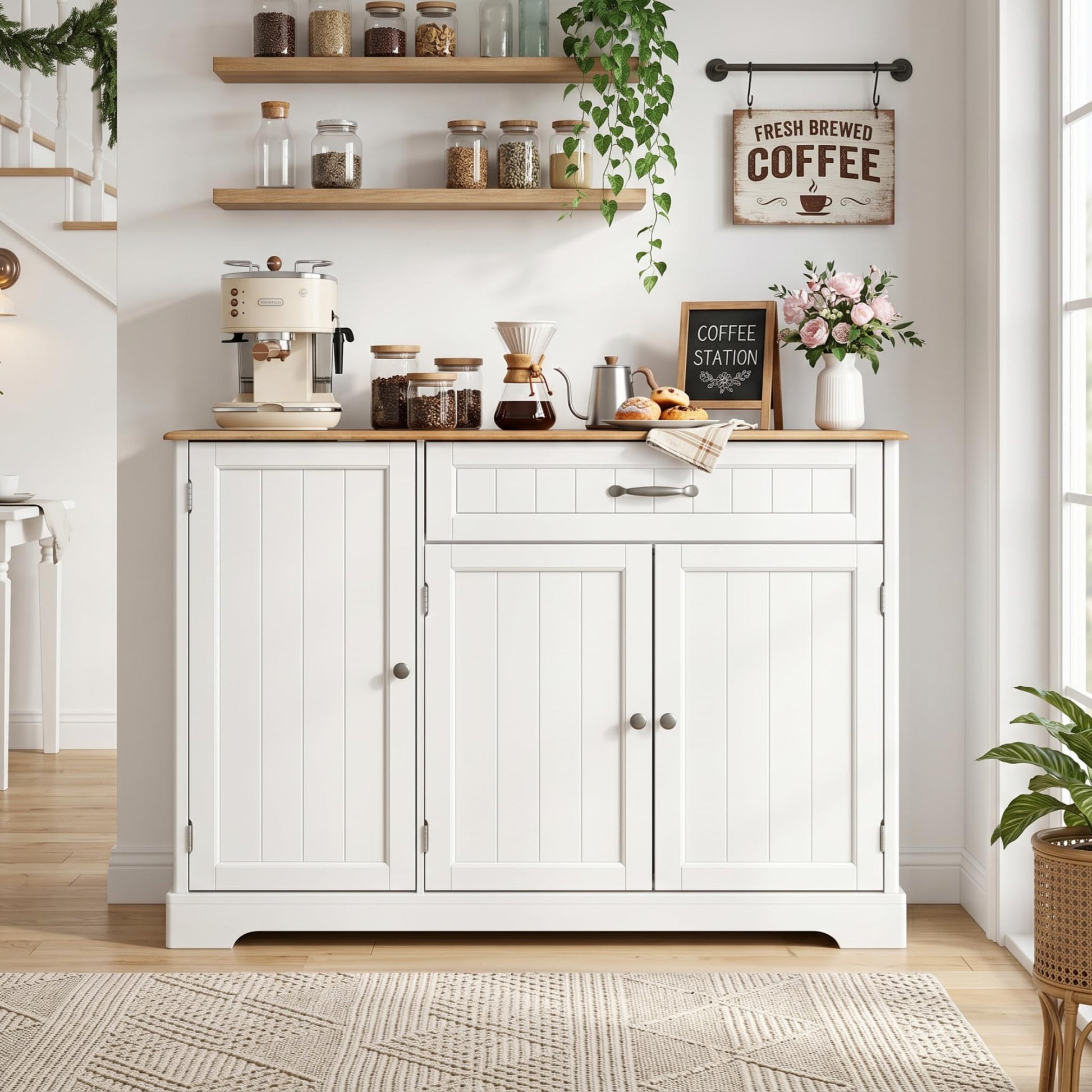 Gizoon Kitchen Coffee Bar Cabinet with Storage, White and Rustic