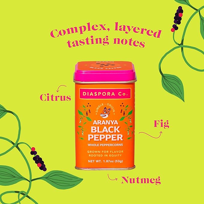 Diaspora Spice Co. Aranya Black Pepper | Single-Origin Whole Black Peppercorns for Grinder Refill | Fresh & Hand-Harvested | 53g Everyday Tin