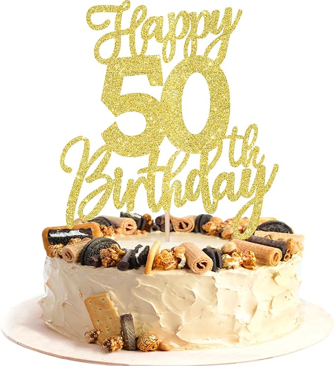 1 PCS Happy 50th Birthday Cake Topper Glitter Cheers to 50 Years Birthday Cake Pick Fifty Hello 50 Fabulous Cake Decoration for Happy 50th Birthday Anniversary Party Decorations Supplies Gold