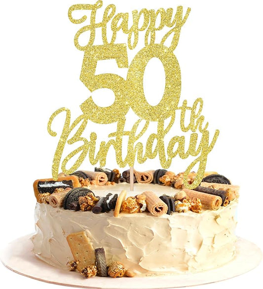 1 PCS Happy 50th Birthday Cake Topper Glitter Cheers to 50 Years Birthday Cake Pick Fifty Hello 50 Fabulous Cake Decoration for Happy 50th Birthday Anniversary Party Decorations Supplies Gold