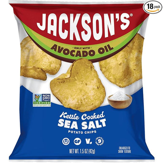 Jackson?™s Potato Classic Kettle Chips with Sea Salt (1.5oz, Pack of 18) - Made with Premium Avocado Oil - Allergen-friendly, Gluten Free, Peanut Free, Vegan, Kosher - Shark Tank Product