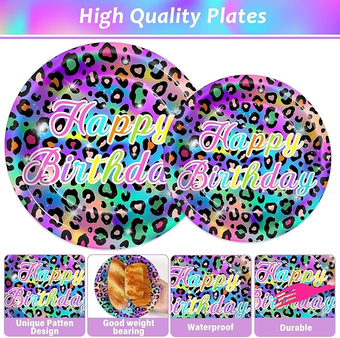 96Pcs Neon Rainbow Leopard Birthday Party Plates and Napkins Cheetah Print Birthday Themed Party Decorations Cheetah Leopard Girl's Sparkly Splatter Tableware Set for 24 Guests Baby Shower Supplies