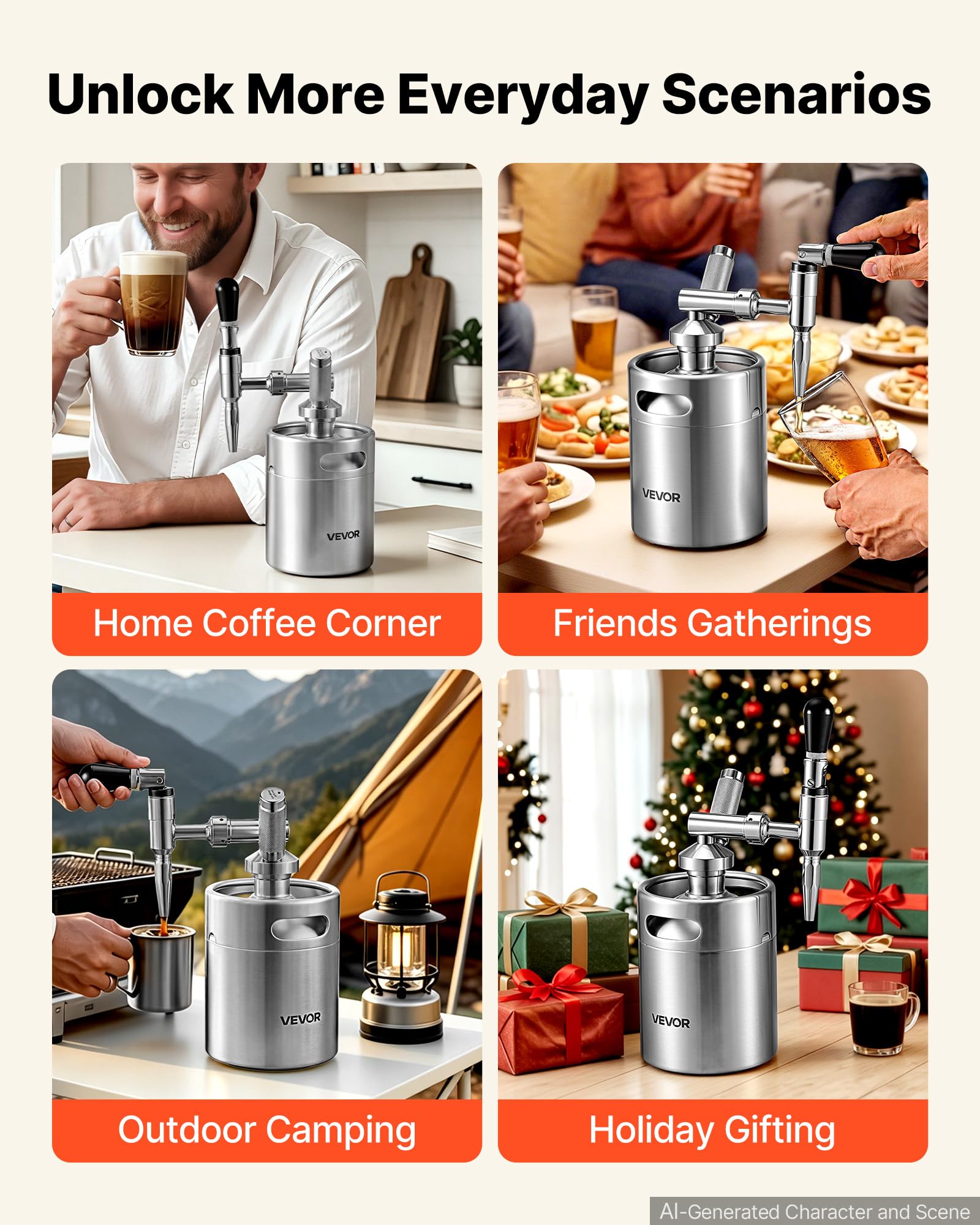 VEVOR Nitro Cold Brew Coffee Maker 68 oz Nitrogen Dispenser System, Home Brew Coffee Keg, Portable