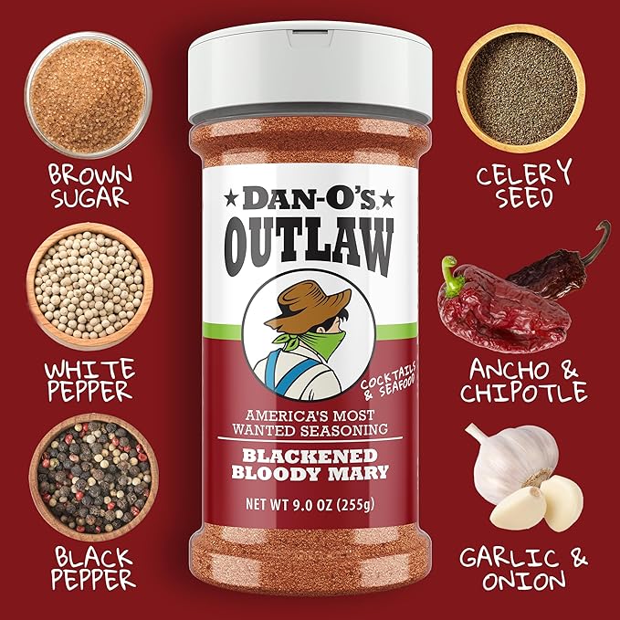 Dan-O's Outlaws Blackened Bloody Mary Seasoning, 9 oz Bottle, All Purpose Seasoning for Chicken, Seafood, Drinks, Veggies and More, Use this Spice Blend to Rim Glasses or Season Snacks