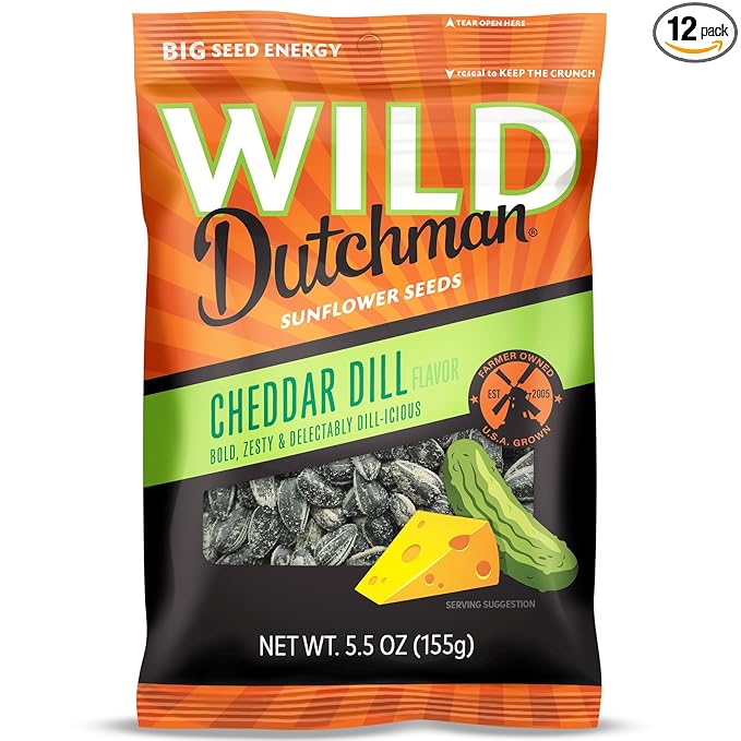 Wild Dutchman Roasted Sunflower Seeds in a Resealable Bag for Ultimate Freshness and an Easy Pour Snack, Cheddar Dill, 5.5 oz (Pack of 12)