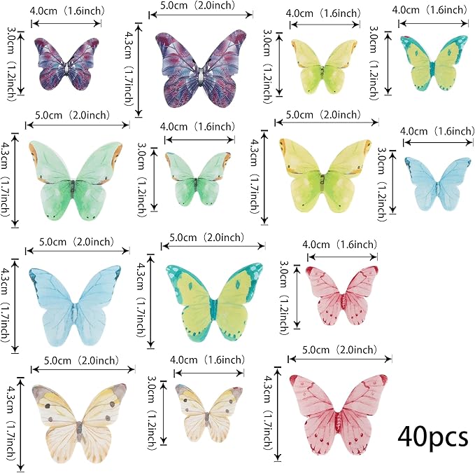 40 Pack Edible Butterfly Cake Decorations, Colorful Butterfly Cupcake Toppers Decorations, Butterfly Theme Birthday Party Decorations for Wedding Birthday Anniversary Flower Themed Party Decorating