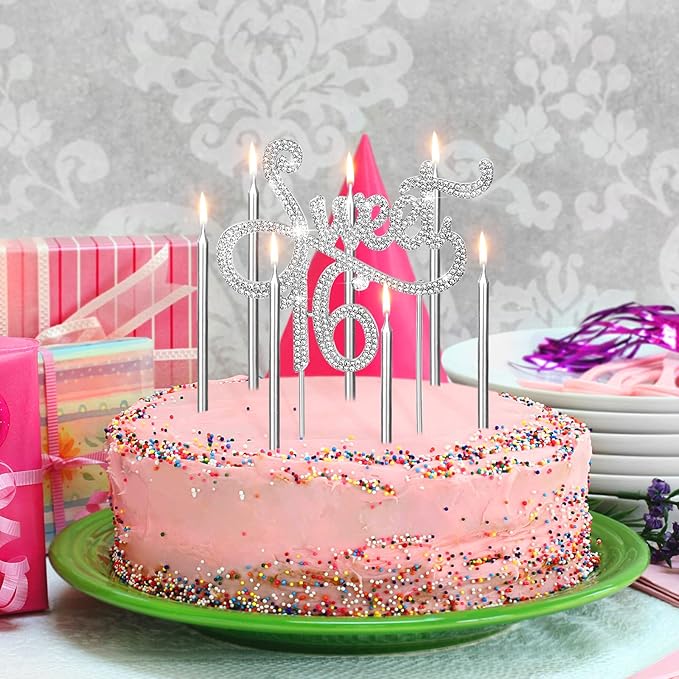 Tondiamo Sweet 16 Birthday Decorations Rhinestone Sweet 16 Cake Toppers 20 Pcs Metallic Happy Birthday Candles 16 Cake Decorations for Cupcake Decor(Silver)