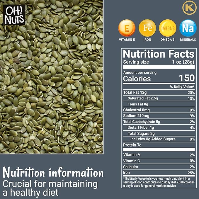 Oh! Nuts Pumpkin Seed Roasted & Salted - 5 lb Bulk Bag - No Shell Pumpkin Seeds - Roasted Seeds - Pepitas Snack Packed Fresh