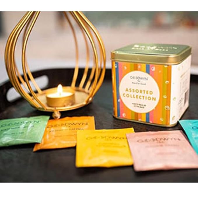 Goodwyn Assorted Herbal Tea Sampler Gift Set Box – 20 Tea Bags (Tulsi, Kahwa, Turmeric, Assam, Green, Lemon & More) | 10 Flavors x 2 Each |Premium Tea Collection in Reusable Tin| Individual bags