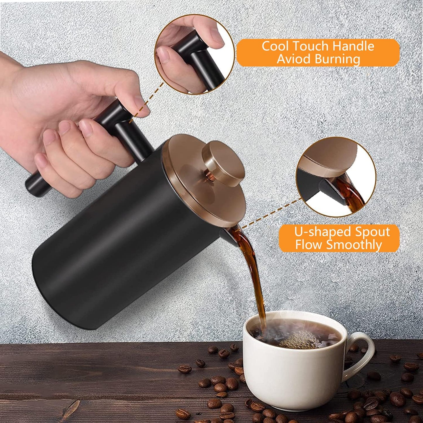 Meelio Small French Press Coffee Maker 350ml/12oz, Black Stainless Steel Double-Wall Insulated