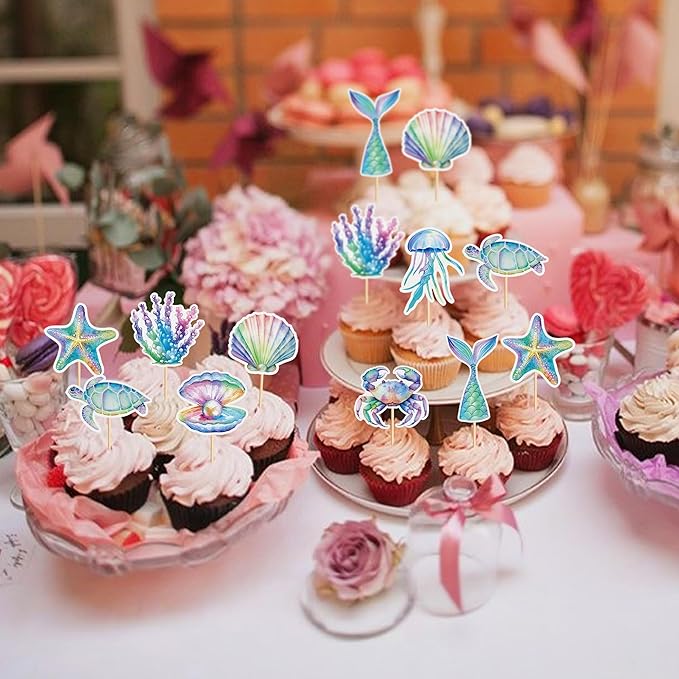 24 PCS Seahorse Cupcake Topper Ocean Themed Party Seahorse Cupcake Decorations Baby Shower Birthday Party Decorations