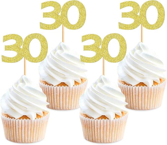 24PCS Gold Glitter 30th Birthday Cupcake Toppers Number 30 Birthday Celebrating Cake Decorations Supplies for Birthday Anniversary Party