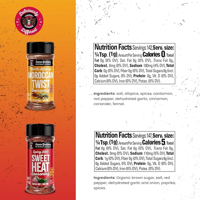 Sauce Goddess - Spicy BBQ Sweet Heat & Moroccan Twist Duo Premium Spices, No MSG, No Additives, Plant-Based, Shakers for Meat & Veggies - 2-Pack