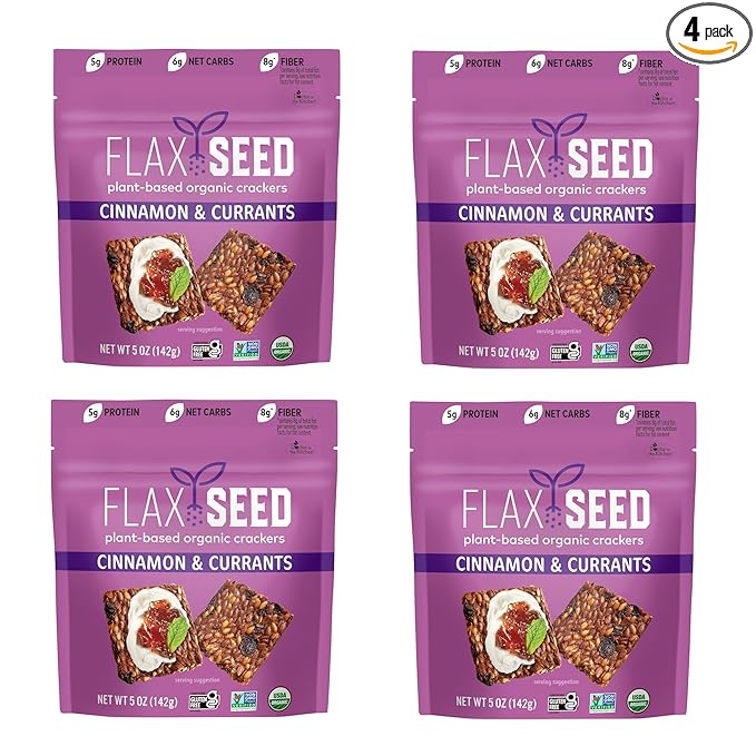 Flackers Organic Flax Seed Crackers Cinnamon & Currants, 5 Ounce 4-Pack, Gluten Free, Non GMO, Vegan, Naturally Sweet