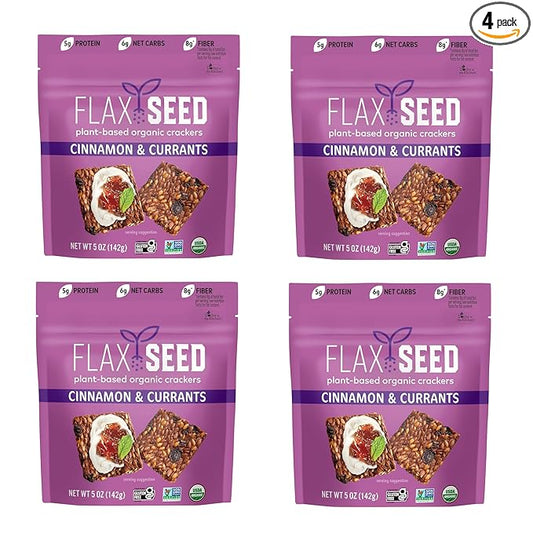 Flackers Organic Flax Seed Crackers Cinnamon & Currants, 5 Ounce 4-Pack, Gluten Free, Non GMO, Vegan, Naturally Sweet