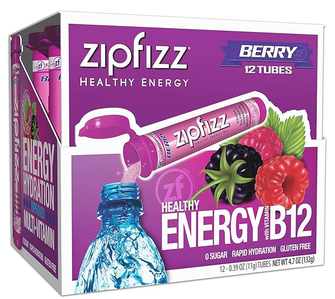 Zipfizz Daily Energy Drink Powder, Berry, 12 Pack | 3-in-1 Sustained Energy, Rapid Hydration, and