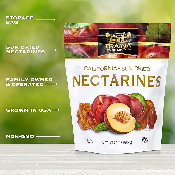 Traina Home Grown California Sun Dried Nectarines - Healthy & Non-GMO, Sweet Flavor, Sun Dried Fruit, No Sugar Added, Perfect Snack In Resealable Pouch (20 Oz)