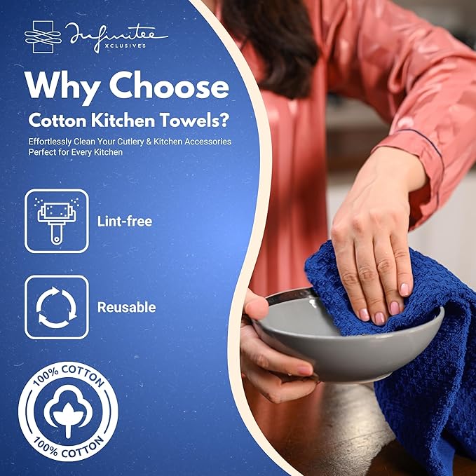 Infinitee Xclusives Premium Kitchen Towels ??Pack of 3, 100% Cotton |15 x 25| Inches Absorbent Dish Towels - Terry Kitchen Dishcloth Towels - Blue Dish Cloth for Household Cleaning