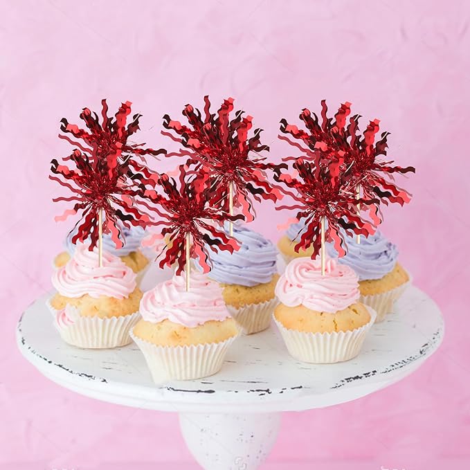 Rsstarxi 30 Pack Red Foil Firework Cupcake Toppers Red Sparkle Tinsel Drink Cake Decorations Cocktail Food Toothpicks for Happy Valentine's Day Birthday Wedding Graduation Party Decorations