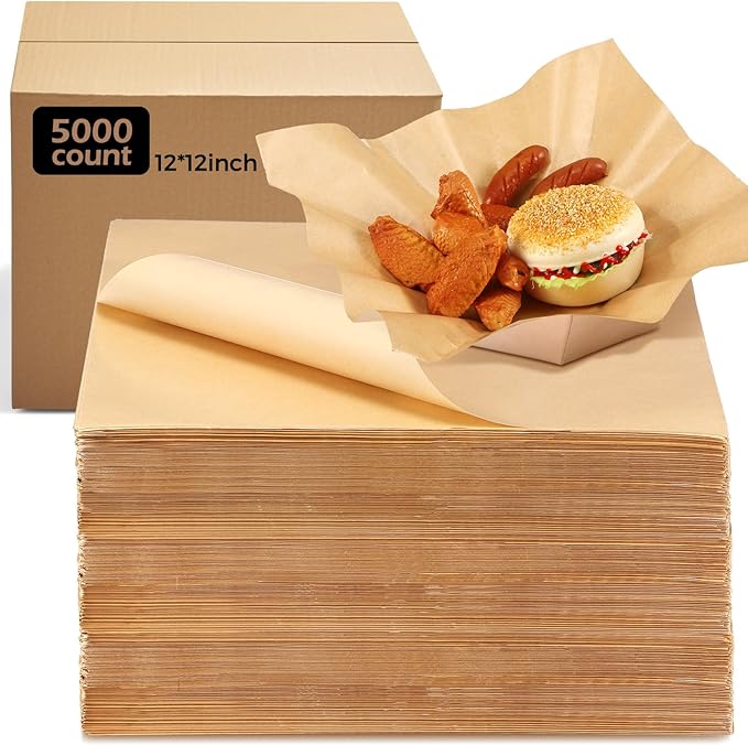 Sieral 5000 Sheets Sandwich Wrap Sheet 12 x 12 Inch Wax Paper Bulk Fast Food Basket Liners Disposable Parchment Paper Grease Resistant for Party Restaurant Wrapping(Kraft Paper Color)