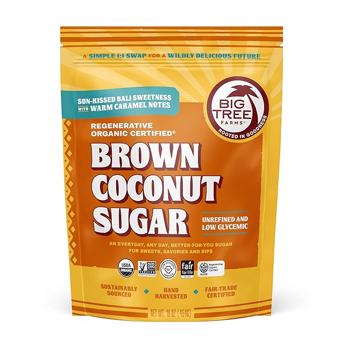 Big Tree Farms Organic Brown Coconut Sugar - Coconut Palm Sugar, Unrefined, Fine Crystals, Cane Sugar Replacement, Coconut Blossom Nectar, Vegan, Perfect for Baking - 1 Pound (Pack of 1)