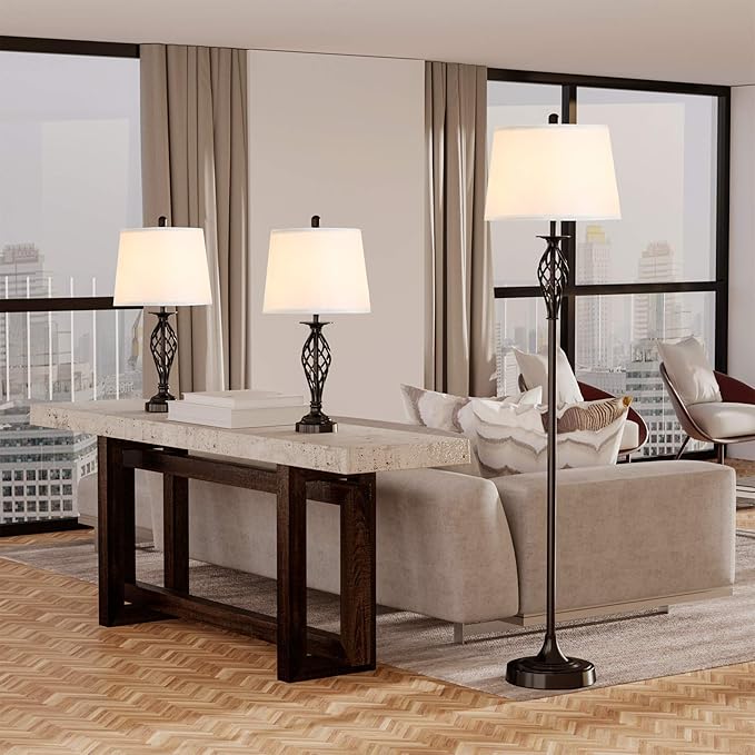 HOMCOM 3 Piece Table Floor Lamp Set with Metal Pole, Round Base, and Fabric Lampshade, for Living Room, Black/White