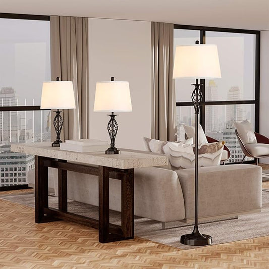 HOMCOM 3 Piece Table Floor Lamp Set with Metal Pole, Round Base, and Fabric Lampshade, for Living Room, Black/White