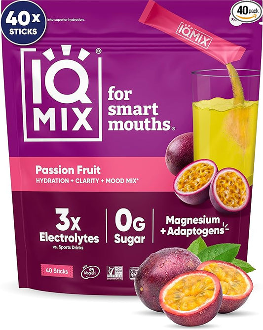 IQMIX Hydration Electrolyte Powder ??4-in-1 Formula for Hydration, Mental Clarity, Mood and Recovery ??Sugar-Free Drink Mix, Keto, Magnesium L-Threonate, Lion?™s Mane ??40 Count Passion Fruit