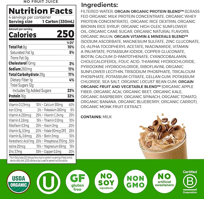 Orgain Organic Nutritional Shake, Iced Cafe Mocha - 16g Protein, 20 Vitamins & Minerals, Gluten Free, Soy Free, Kosher, Non-GMO, 11 Ounce, 12 Count (Packaging May Vary)