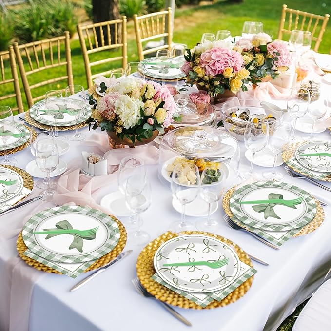 96Pcs Green Plaid Bow Plates and Napkins Coquette Party Decorations Bow Theme Dessert Paper Plates Napkins Forks Birthday Tableware Set for 24 Guests Girls Boys Baby Shower Picnic BBQ Party Suppliess