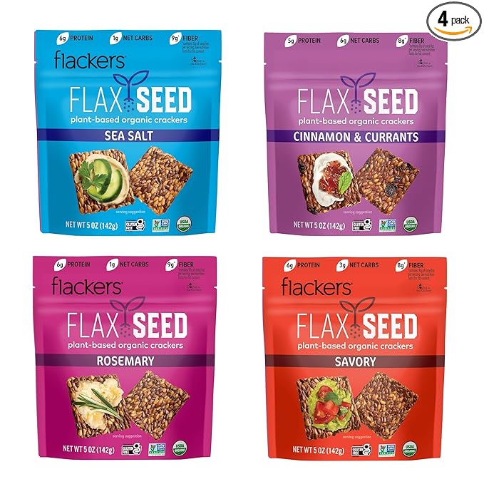 Flackers Organic Flax Seed Crackers Variety Pack, Sea Salt, Rosemary, Savory and Cinnamon, Gluten Free, Non-GMO, Vegan, Low Carb snacking, Pack of 4