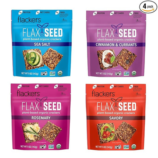 Flackers Organic Flax Seed Crackers Variety Pack, Sea Salt, Rosemary, Savory and Cinnamon, Gluten Free, Non-GMO, Vegan, Low Carb snacking, Pack of 4