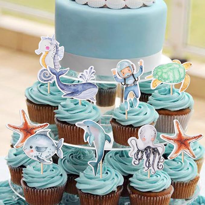 36 Pack Mermaid Cupcake Toppers Under The Sea Octopus Starfish Mermaid Tail Cupcake Picks Jellyfish Seahorse Coral Cupcake Decorations for Baby Shower Under The Sea Birthday Cake Decorations