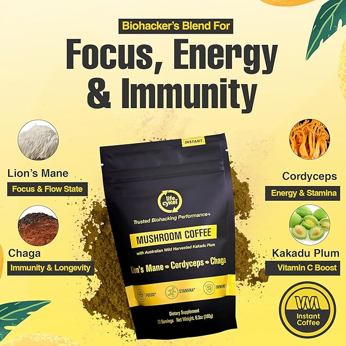 Lifecykel Mushroom Coffee – Arabica Blend with Lion’s Mane, Chaga Extract, Cordyceps & Kakadu Plum | Focus | Adaptogenic, Smooth & Jitter-Free | 106 mg
