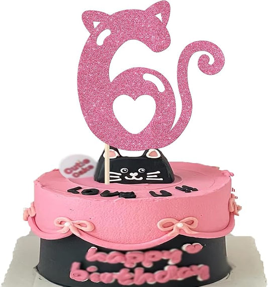 1 Pack 6th Cake Topper Glitter Cat Birthday Cake Pick Cute Pet Cat Cake Decoration for Cat Theme Baby Shower Kids Six Birthday Wedding Party Cake Decorations Supplies Pink