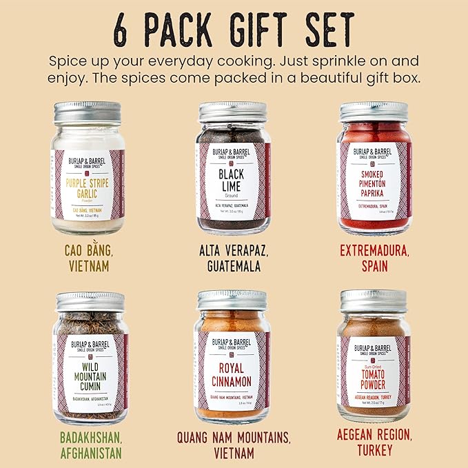 Burlap & Barrel 6-Pack Spice Gift Set ??6 Full-Size Jars of Favorite Spices for the Curious Cook ??Includes Cinnamon, Garlic & More Seasonings - As Seen On Shark Tank