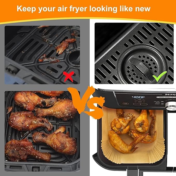 Air Fryer Paper Liners for Dual Zone Airfryer, 200pcs 8.1x5.5 inch Rectangle Disposable Inserts for Ninja Foodi DZ201 DZ401 DZ550 other 8-10 qt 2-Basket Air Fryers, Food Grade BPA Free