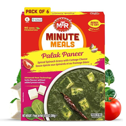 MTR - Minute Meals: Palak Paneer - Spiced Spinach Gravy with Cottage Cheese - Tasty Indian Meal with No Added Preservatives - A Quick Meal Suitable for Vegetarians, Ready in Minutes! (Pack of 6)