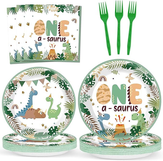 96Pcs One A Saurus Dinosaur 1st Birthday Plates and Napkins Boho Dino First Party Decorations Dinosaur First Dessert Plates Cartoon Jungle Dino 1st Tableware for 24 Guests Kids Birthday Party Supplies