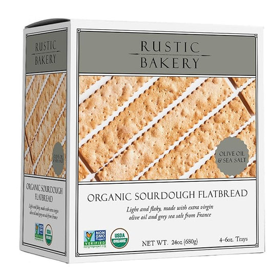 Rustic Bakery Handmade Sourdough Flatbread - Olive Oil & Sel Gris - Sea Salt Charcuterie Crackers - Artisan Crackers for Cheese Platter or Snacking - Made in California - Pack of 4, 6 Oz Trays